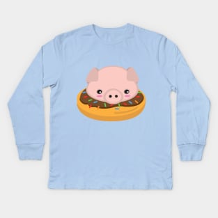 Cute Kawaii Piggy Pig with a Chocolate Donut Kid Design Kids Long Sleeve T-Shirt